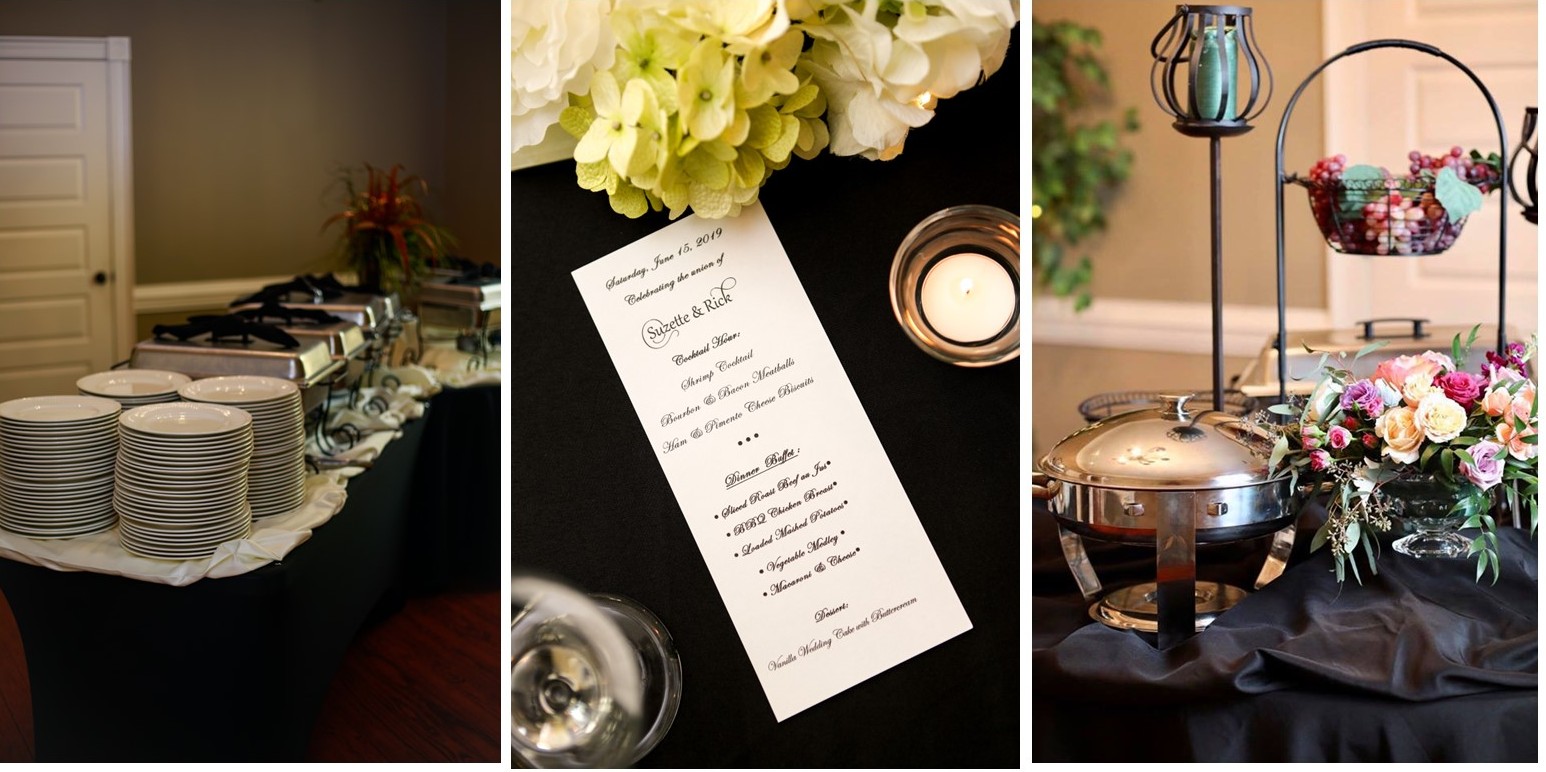 buffet set up, a dinner menu, buffet with flowers